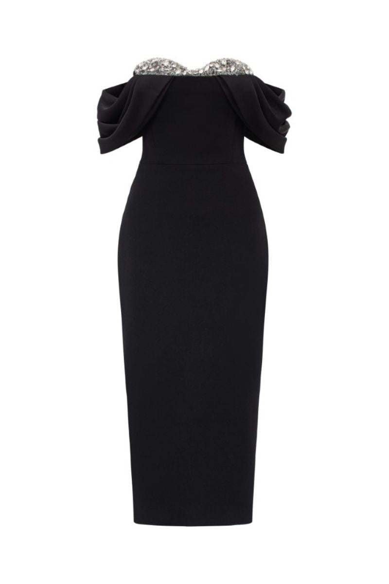 black textured dress RACHEL TEXTURE BODYCON MIDI | CULT MIA LowStock:41200411410483 Evendra V Neck Cutout Do Not Bleach Size:MOM-3X