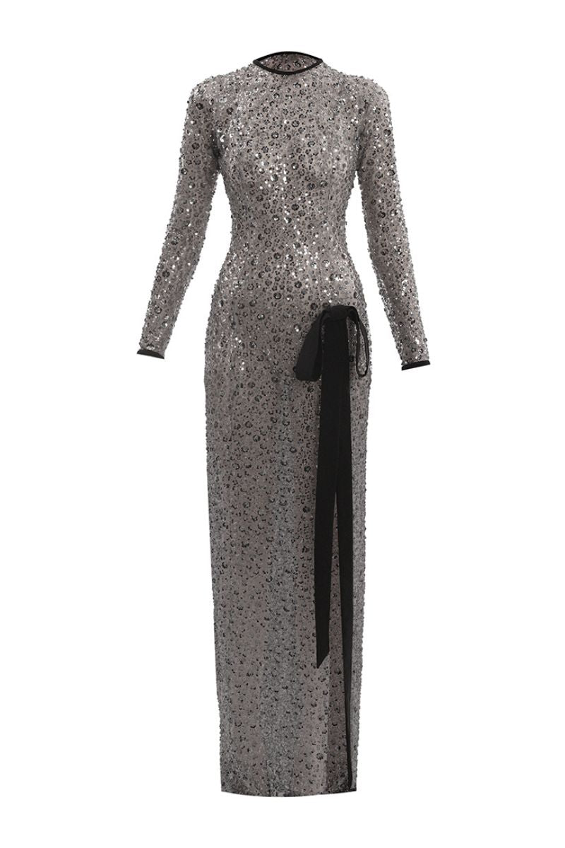 GRAY FLOWER EMBROIDERED BOW MAXI DRESS - CULT MIA