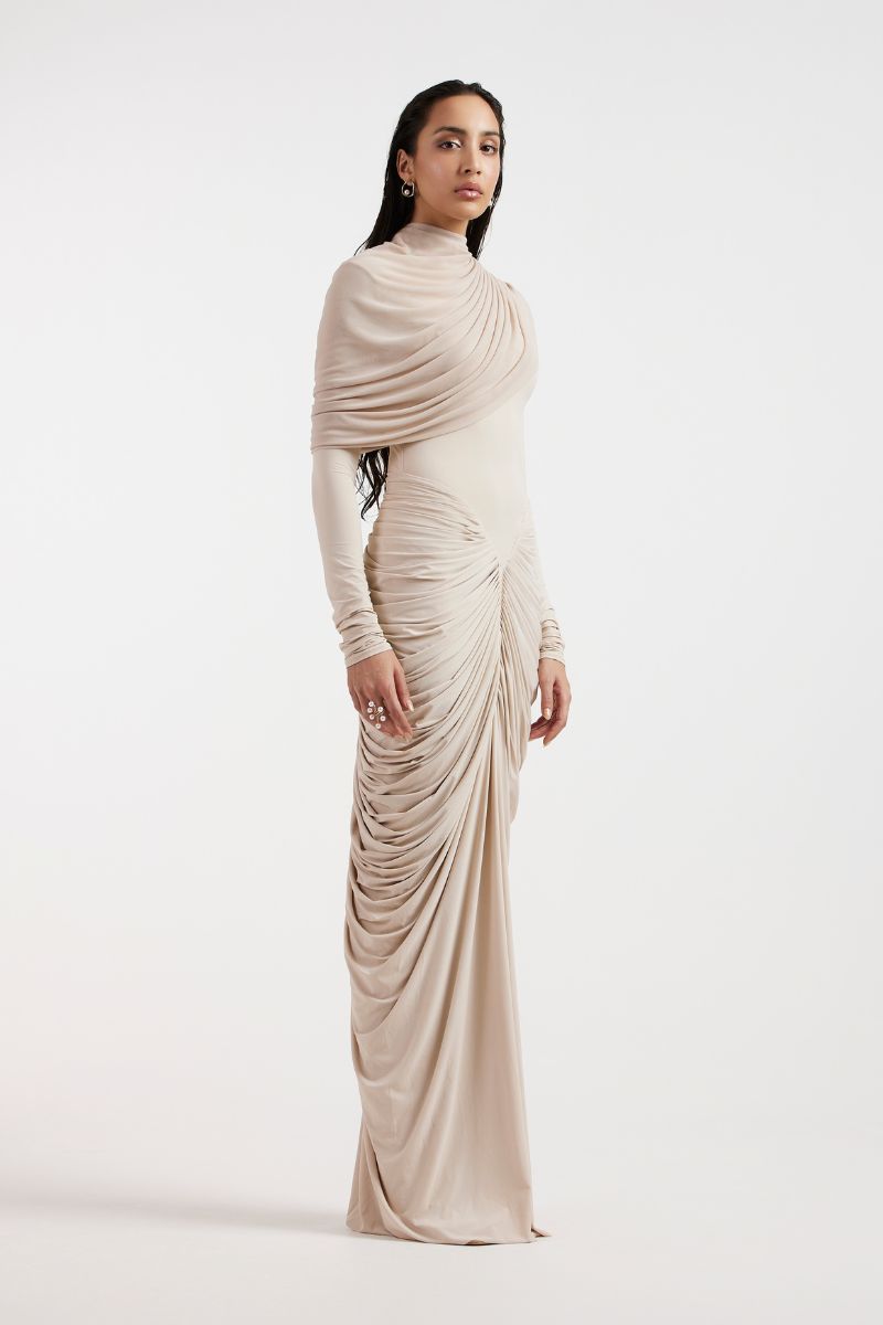 ELORA BEIGE DRAPED GOWN - CULT MIA