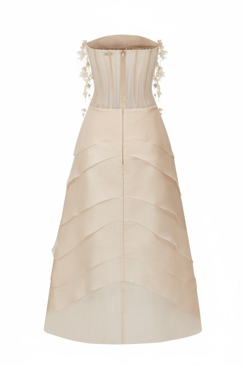 Beige Coralie tulle and organza maxi dress by 21Six featuring a flowing design and delicate fabric details.