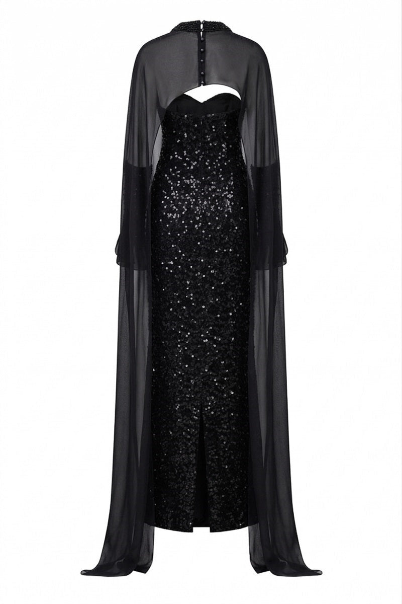 Black Annalise sequined lace gown by 21Six, featuring intricate lace details and shimmering sequins for an elegant look.