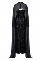 Black ANNELISE sequined lace gown by 21Six, featuring intricate lace details and shimmering sequins, elegant evening dress.