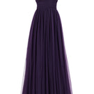 Elegant purple tulle A-line gown by Lili Blanc, featuring flowing fabric and delicate design for formal occasions.