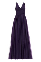 Elegant purple tulle A-line gown by Lili Blanc, featuring flowing fabric and delicate design for formal occasions.