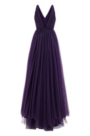 Purple Lili Blanc ethereal tulle A-line gown with flowing fabric and elegant design, perfect for formal occasions.