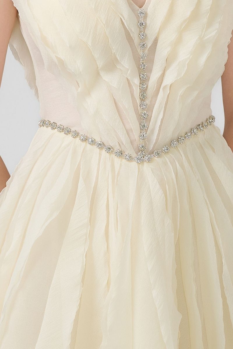 A-LINE PLEATED CHEST ORGANZA BEIGE GOWN - CULT MIA