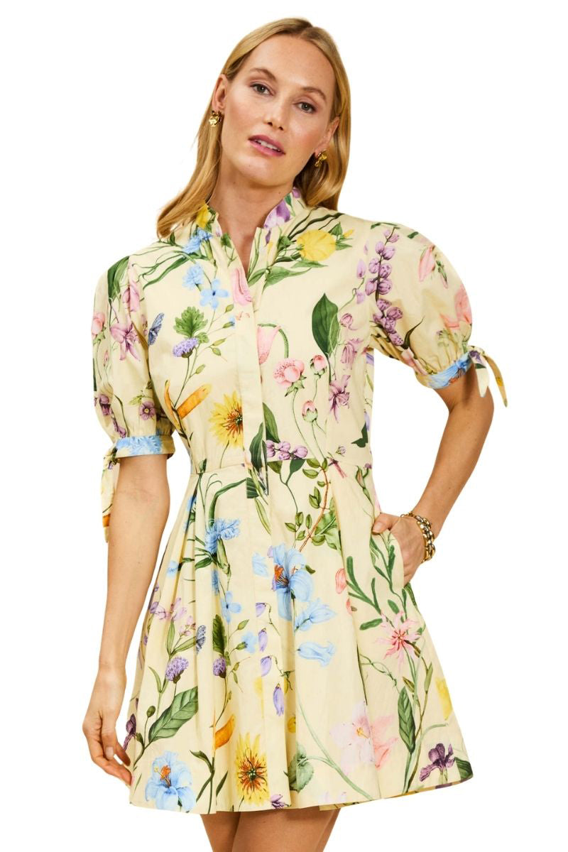 Mestiza New York Brooklyn Mini Dress in Blooming Vine pattern with floral print and fitted silhouette, displayed on a hanger.