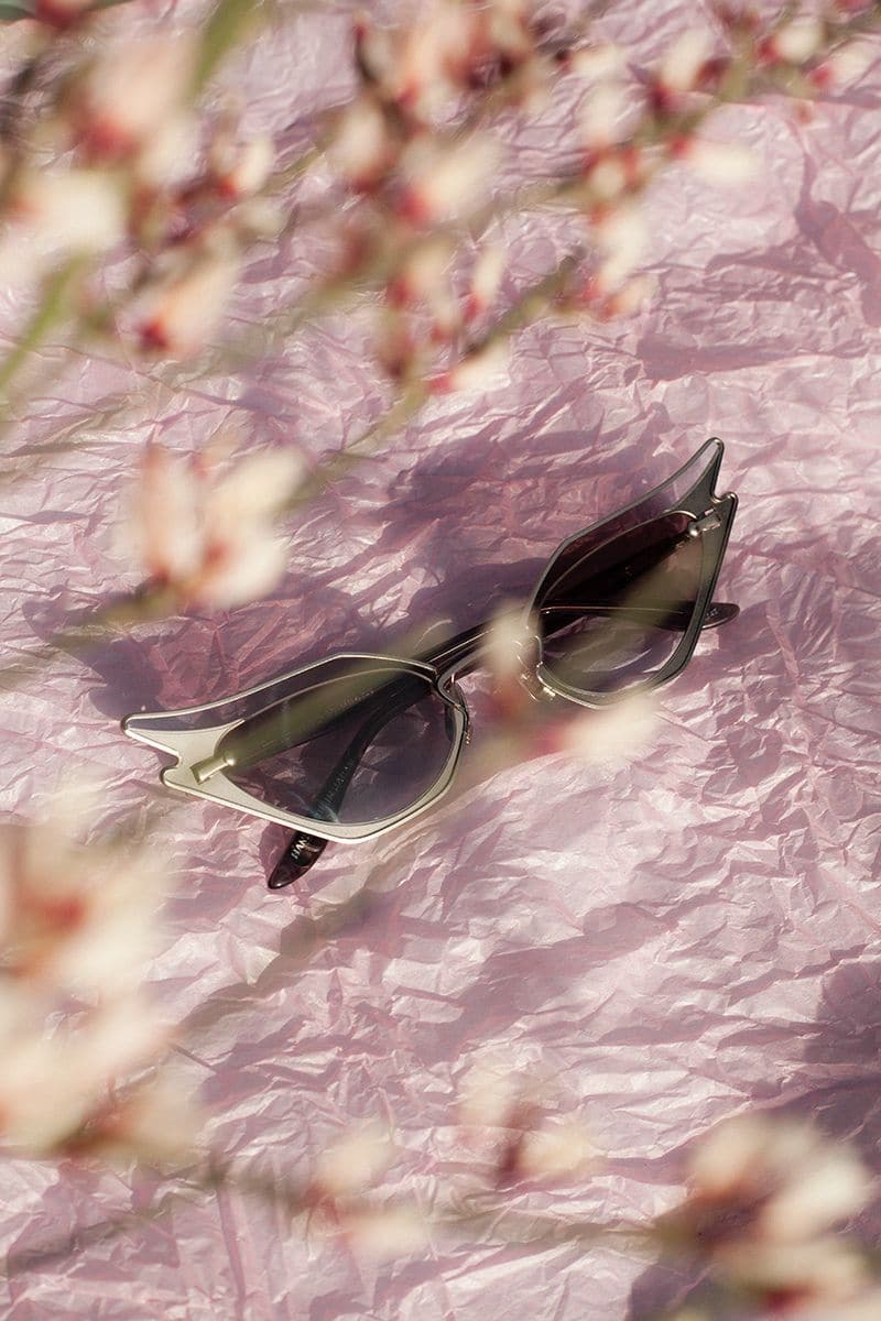 Silver Wild at Heart sunglasses by Moy Atelier featuring bold frames and dark lenses, stylishly displayed.