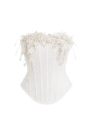 White bouquet corset top by Keira Tong, close-up showing fitted design, floral pattern, and structured bust for stylish tops.