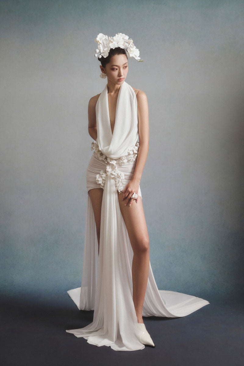 White Plan Seraphina draped mini dress with flowing fabric and stylish design, perfect for casual or semi-formal occasions.