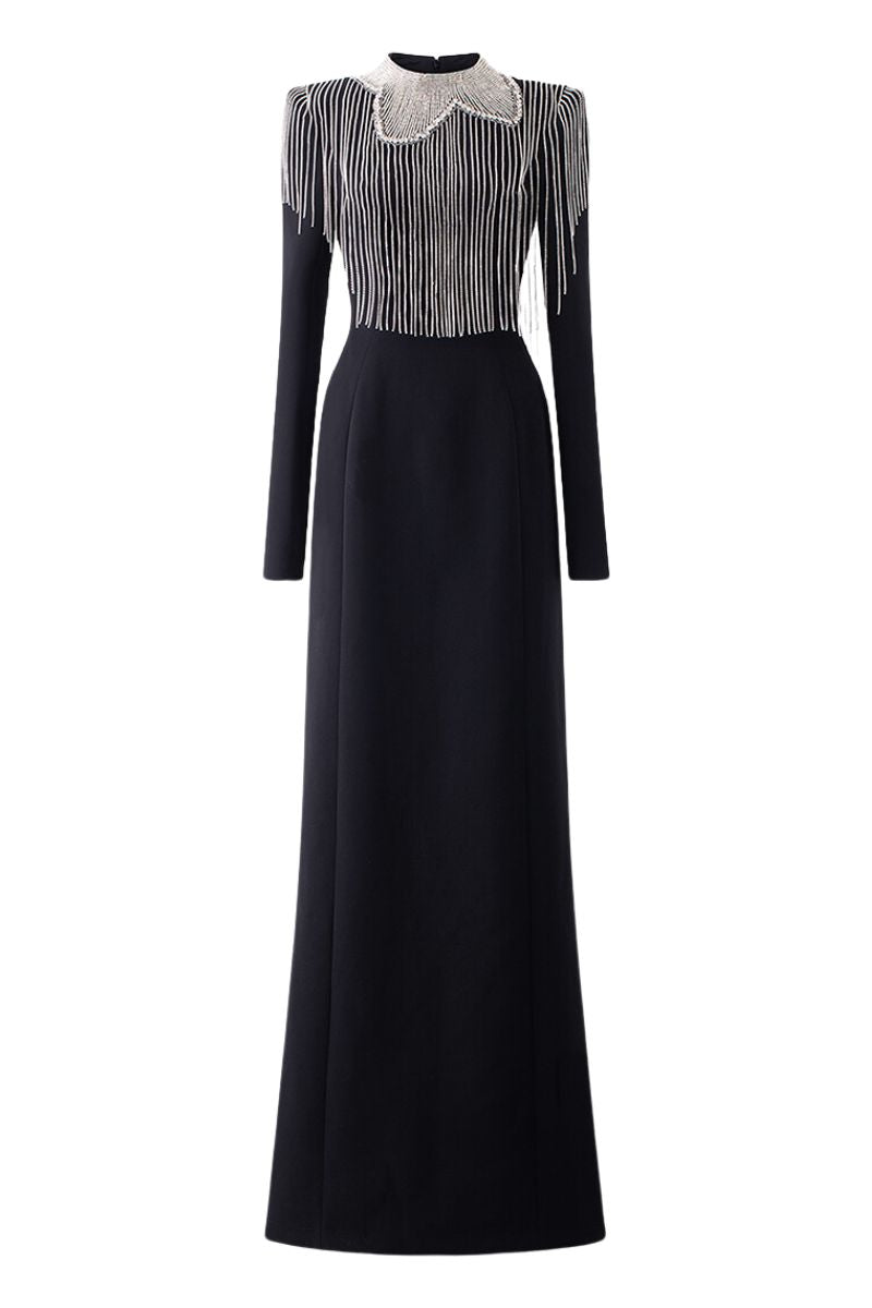 LONG SLEEVE CRYSTAL TASSEL BODYCON FLOOR-LENGTH GOWN - CULT MIA