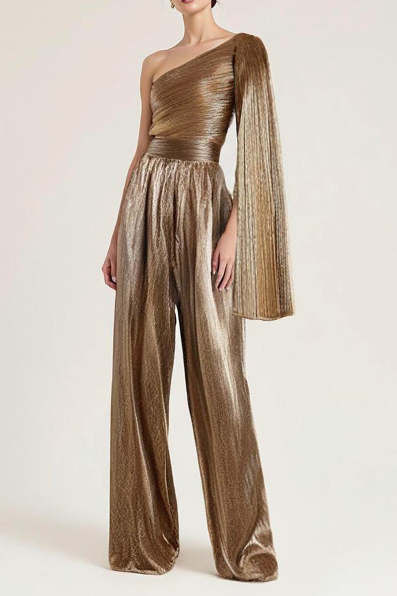 Gold plissé top by SemSem featuring a flowy, textured fabric with a stylish, elegant design perfect for chic outfits.