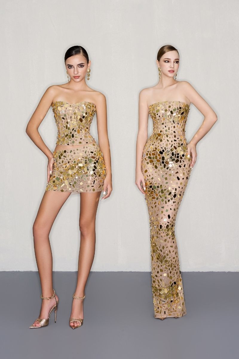 gold top dress High Neck Gold Embellished Dress L