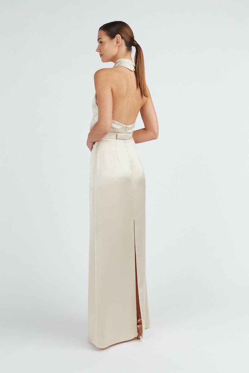 ALIUR CHAMPAGNE HALTER NECK EVENING DRESS | CULT MIA