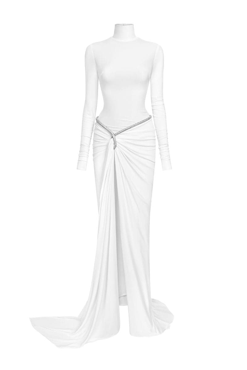 VERA WHITE HIGH-NECK DRAPED MAXI DRESS - CULT MIA