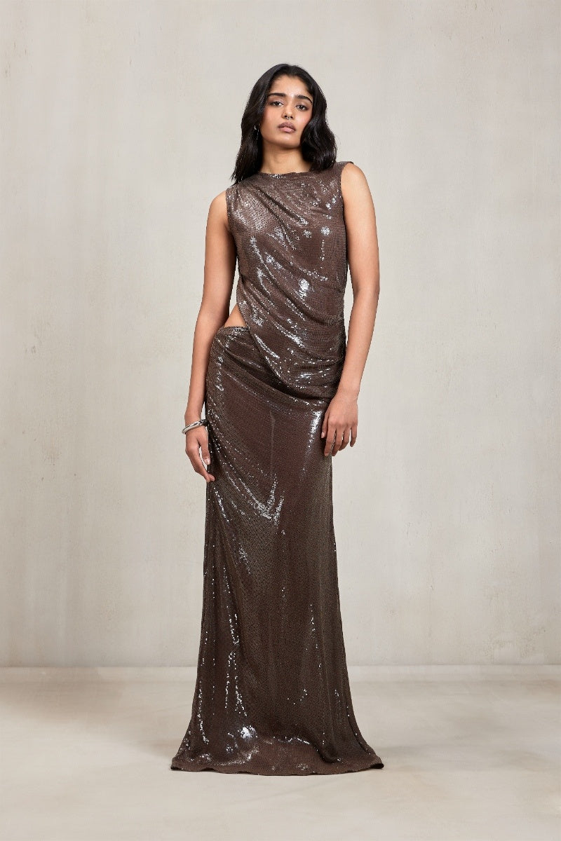 Deme By Gabriella espresso brown co-ord set featuring matching top and bottoms, styled for casual or chic wear.