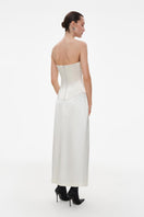 Ivory fitted satin corset top by ELENAREVA, showcasing a smooth satin finish and structured design on a plain background.
