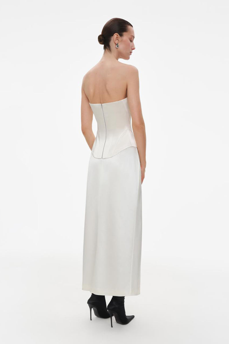 Ivory fitted satin corset top by ELENAREVA, showcasing a smooth satin finish and structured design on a plain background.