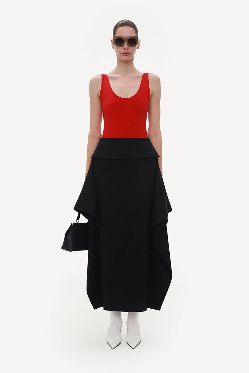 ELENAREVA red jersey bodysuit, close-up of fitted tops with scoop neckline and long sleeves, on a plain background.