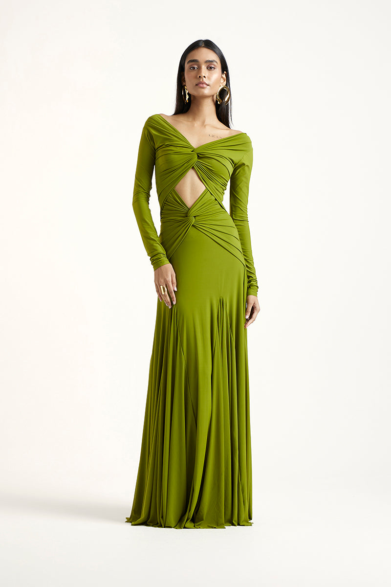 Deme By Gabriella CLEA lime green maxi dress with flowing fabric and sleeveless design, styled for summer or formal occasions.