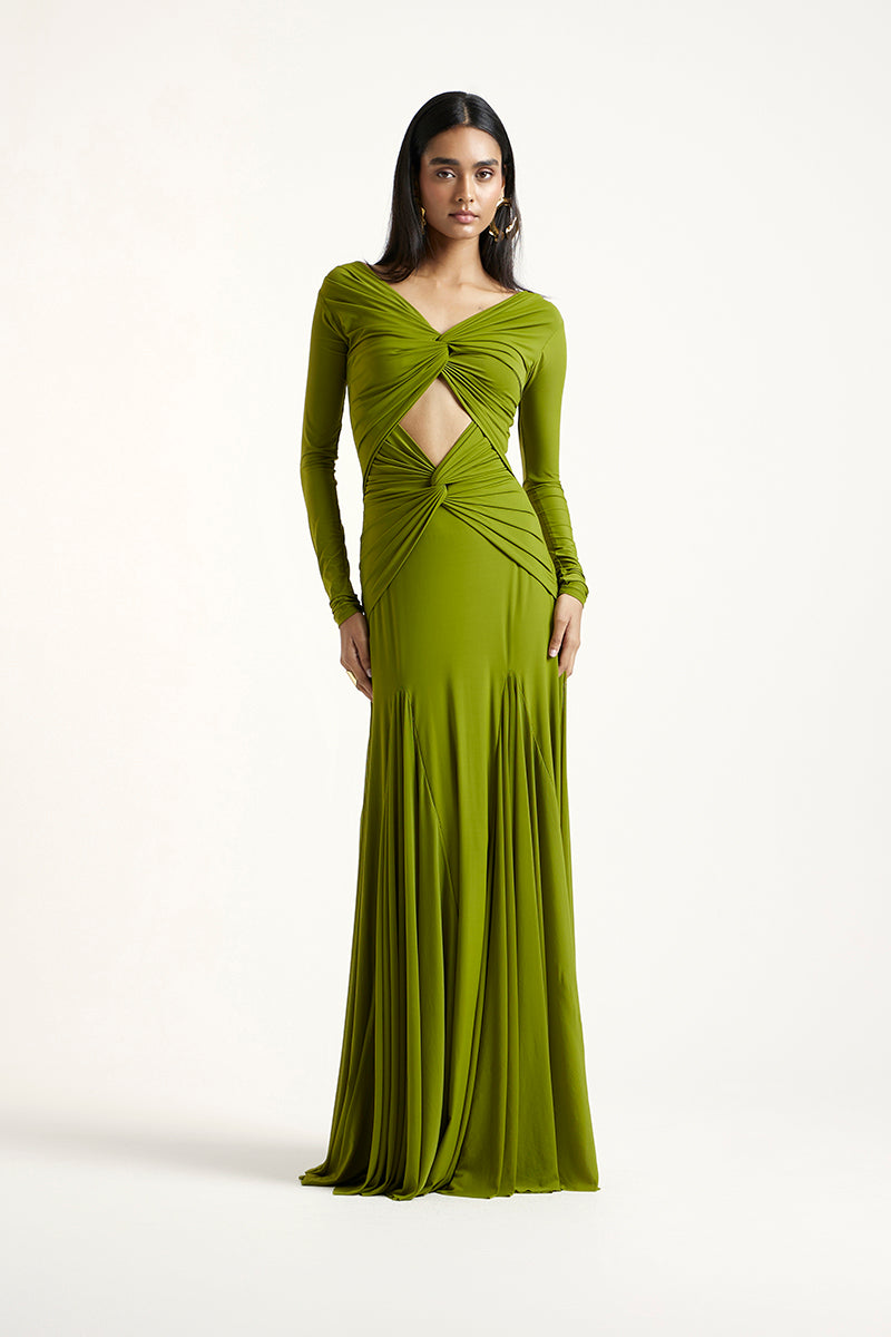Deme By Gabriella lime green CLEA maxi dress with flowing fabric and sleeveless design, perfect for summer or casual occasions.