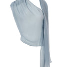 Kris Marán gray-blue top with attached shawl, stylish and comfortable women’s clothing, shown on a model.