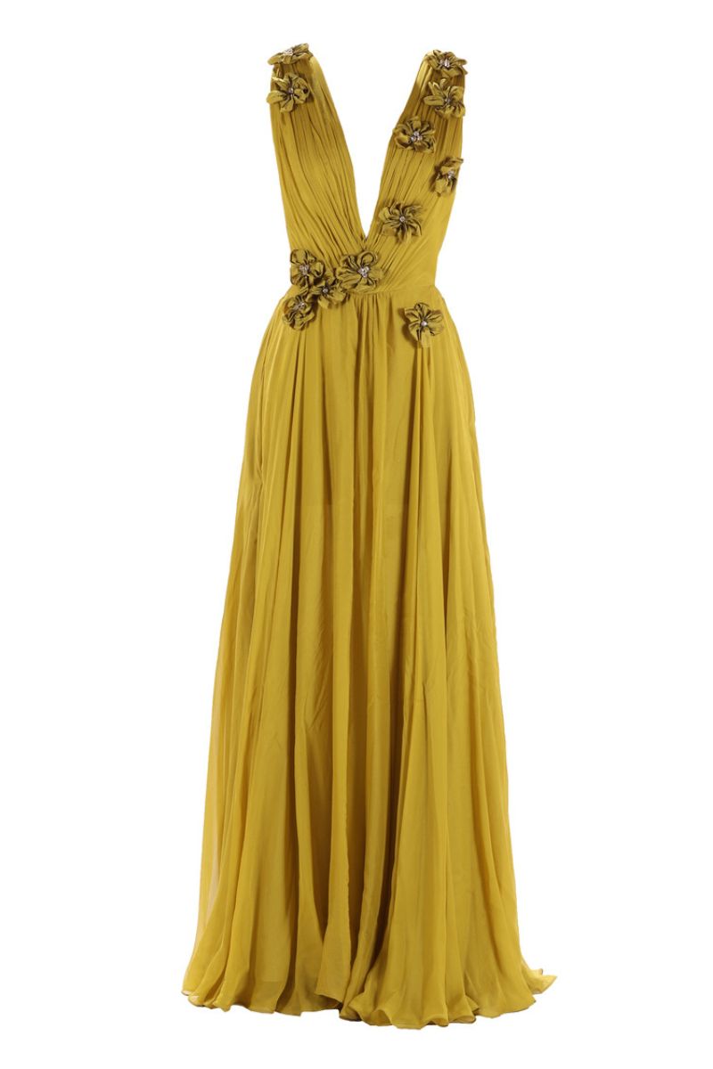 Aquaurel Studio Poppy gown with flowing fabric and floral design, displayed on a hanger against a neutral background.