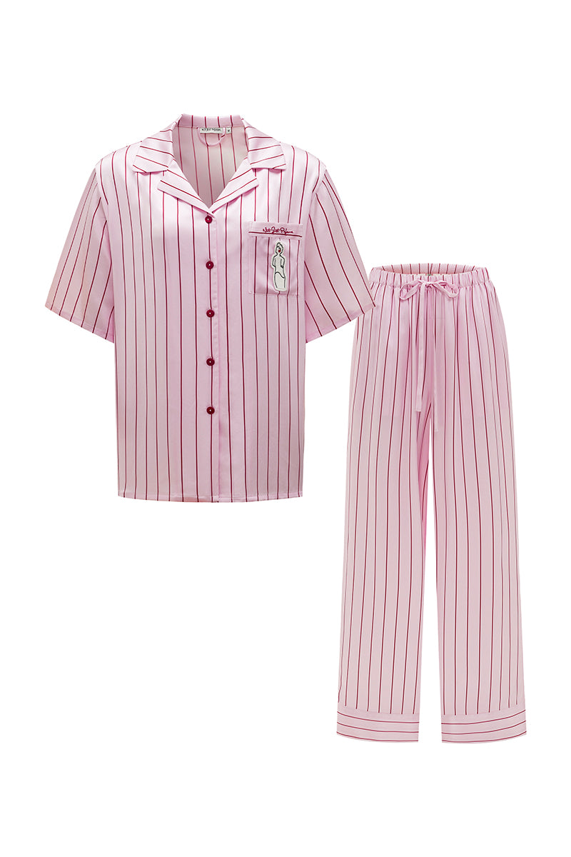 MUSEUM OF CRUSH SHORT-SLEEVE LONG-PANTS PAJAMA SET IN PINK STRIPE - CULT MIA