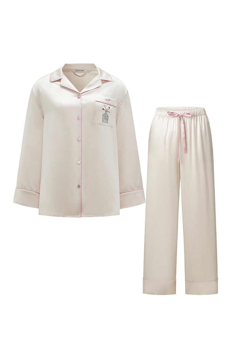 Not Just Pajama Museum of Crush Silk Long Pajama Set in blush pink, featuring luxurious silky fabric and relaxed fit.