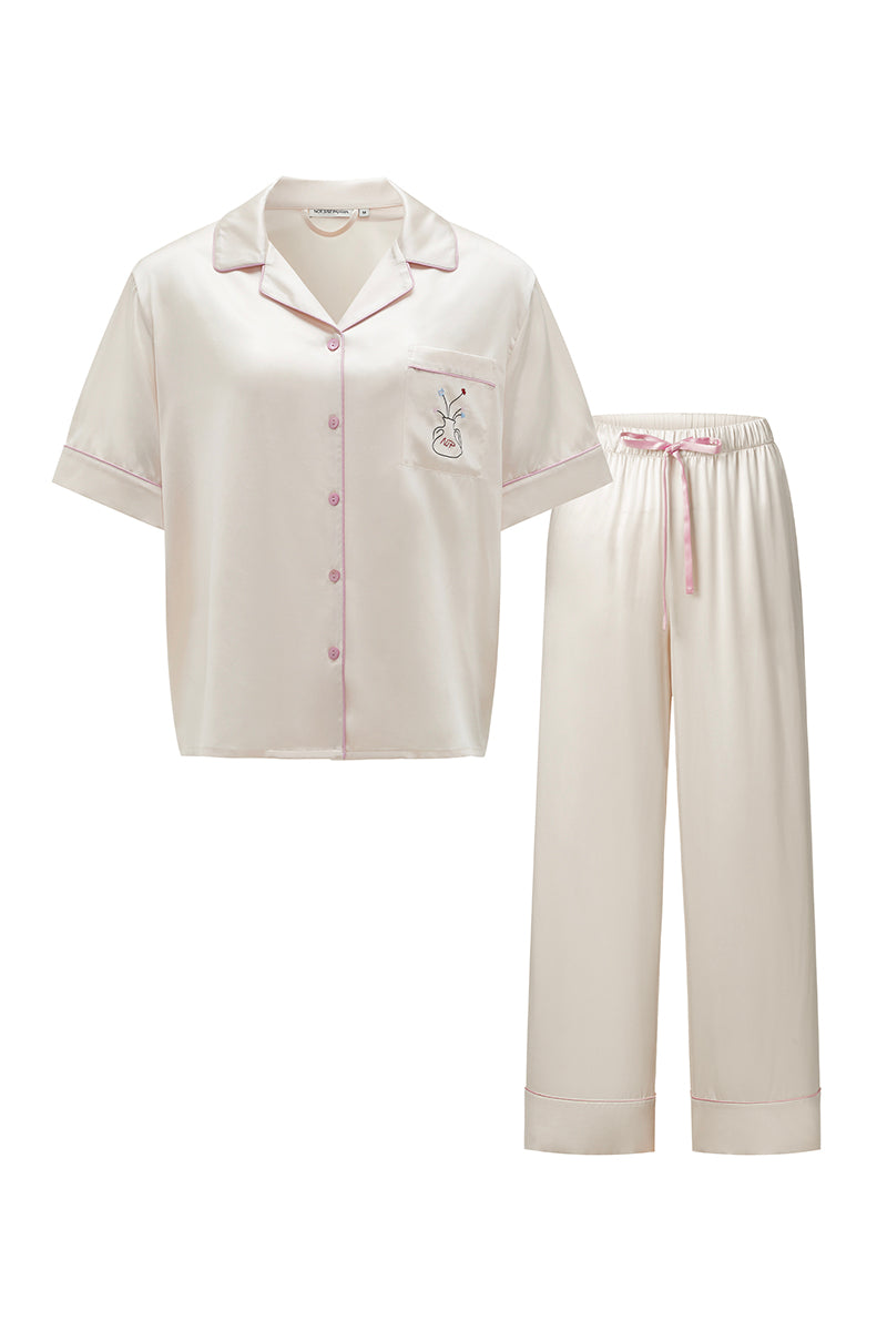 MUSEUM OF CRUSH SHORT-SLEEVE LONG-PANTS PAJAMA SET IN BLUSH PINK