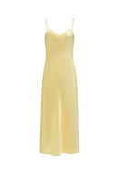 Butter yellow timeless slip dress by Not Just Pajama, featuring a sleek, elegant nightgown with thin straps and smooth fabric.