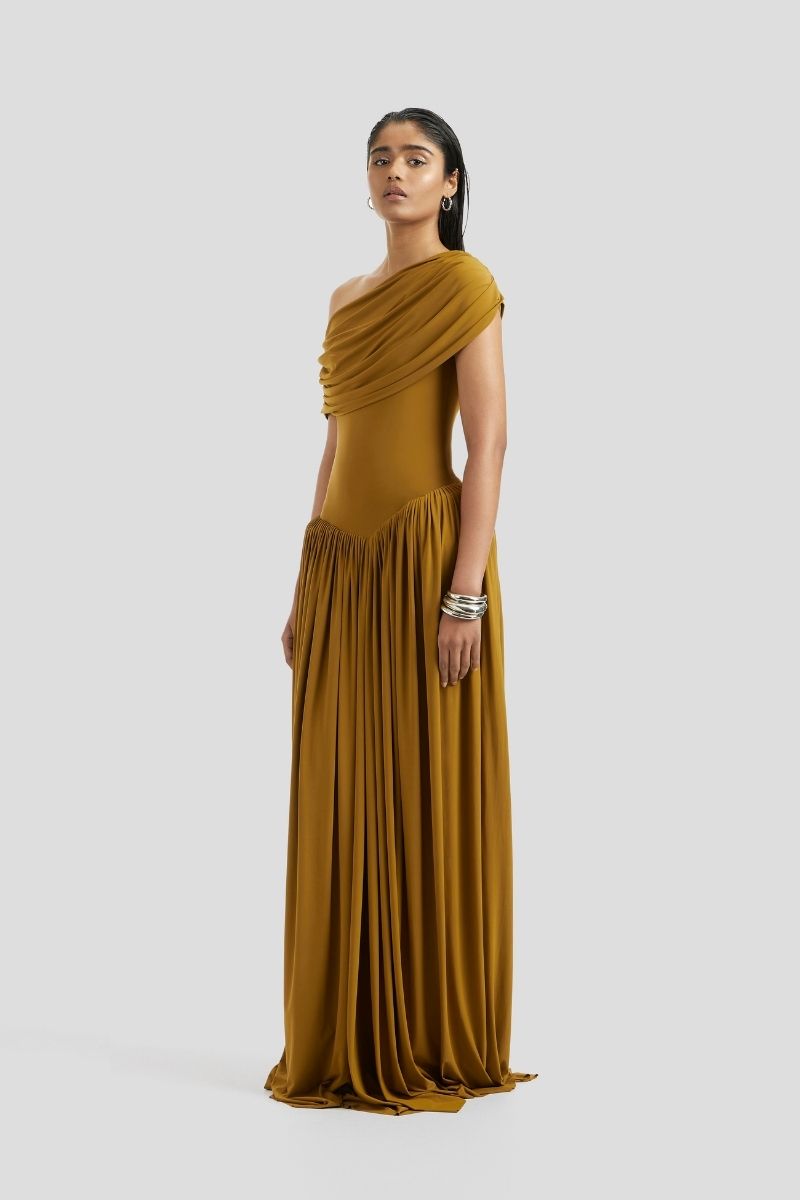 yellow and brown dress Butter Curved Drop Waist Maxi Effortless summer polish defines the Havi Yellow/Brown Mini Dress. Deme By Gabriella SABINE MAXI