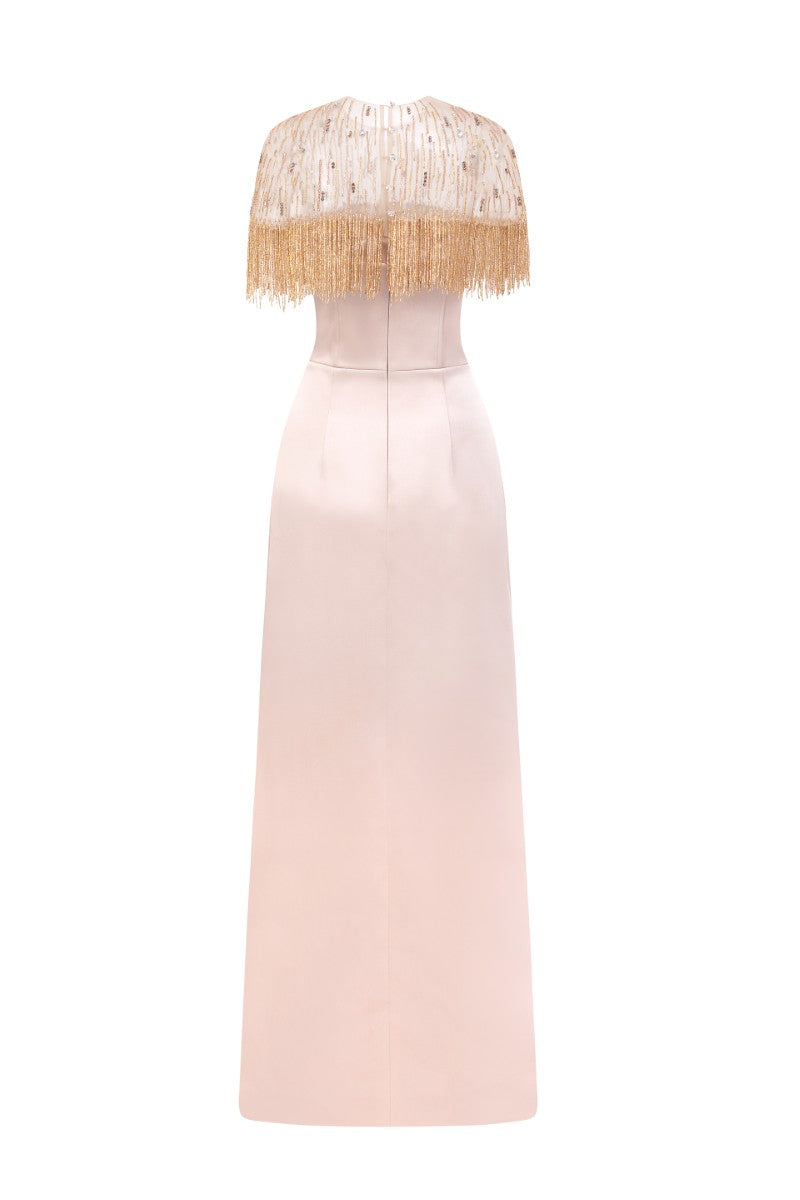 Beige Marcelline silk taffeta and tulle gown by 21Six, featuring elegant flowing fabric and intricate design details.