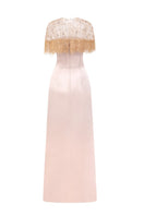 Beige Marcelline silk taffeta and tulle gown by 21Six, featuring elegant flowing fabric and intricate design details.