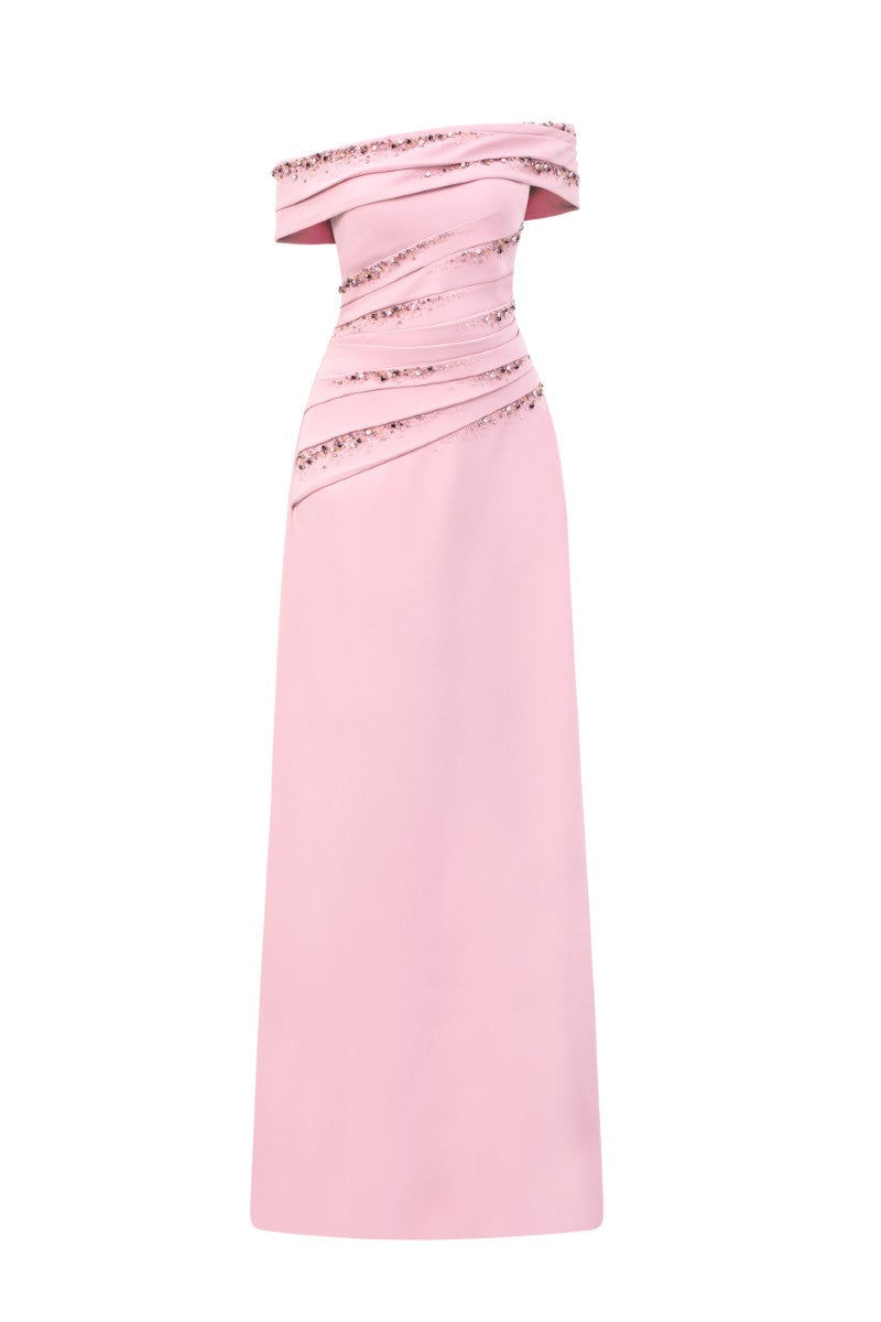 Light pink Nadine crepe gown by 21Six, featuring a flowing silhouette and elegant design, perfect for formal occasions.