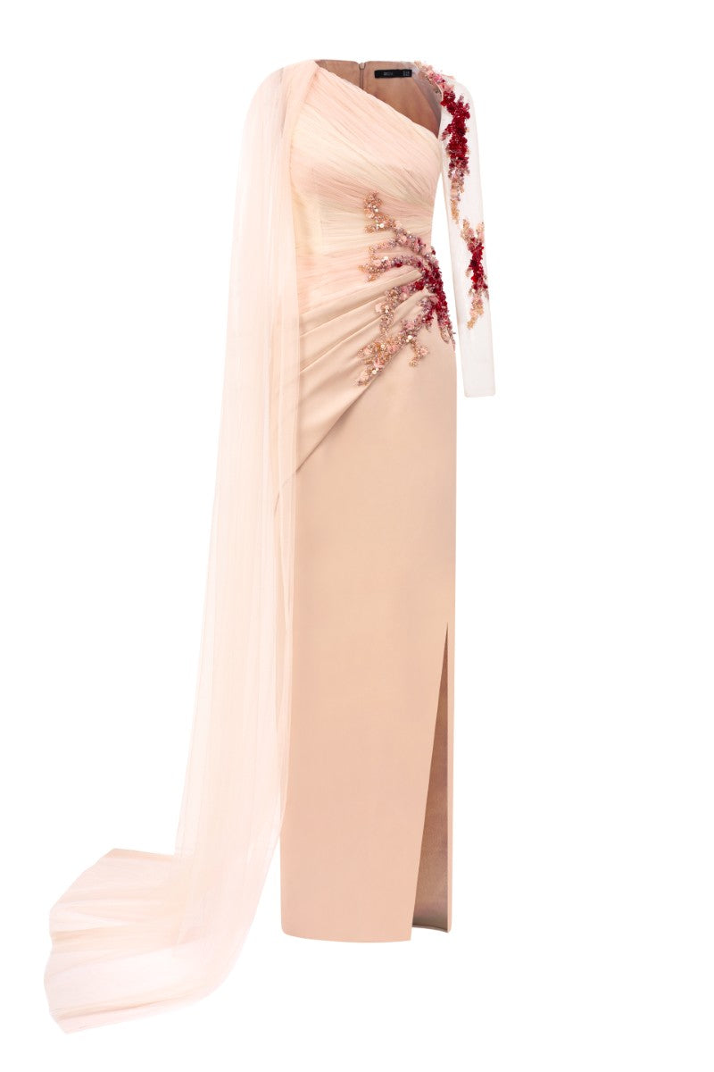 Beige Irena tulle and silk taffeta gown by 21Six, featuring a flowing design and elegant craftsmanship.