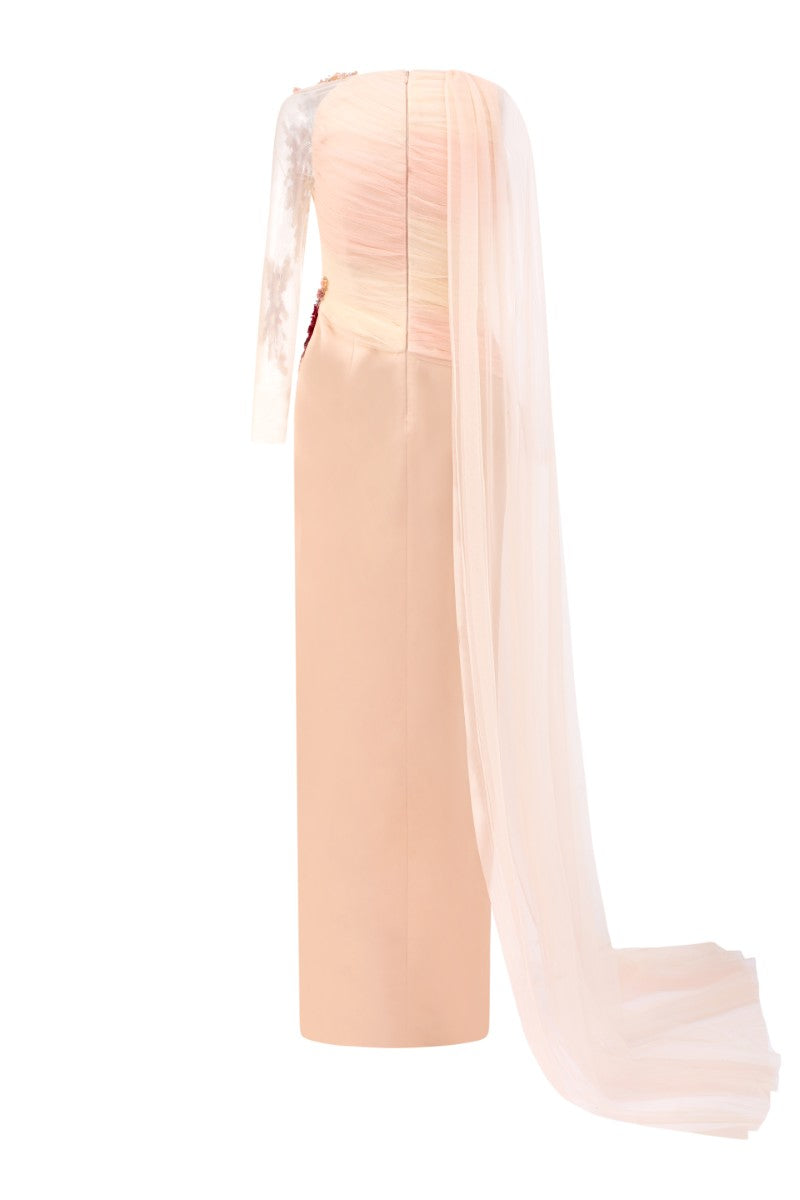 Beige Irena tulle and silk taffeta gown by 21Six, featuring elegant flowing fabric and sophisticated design.