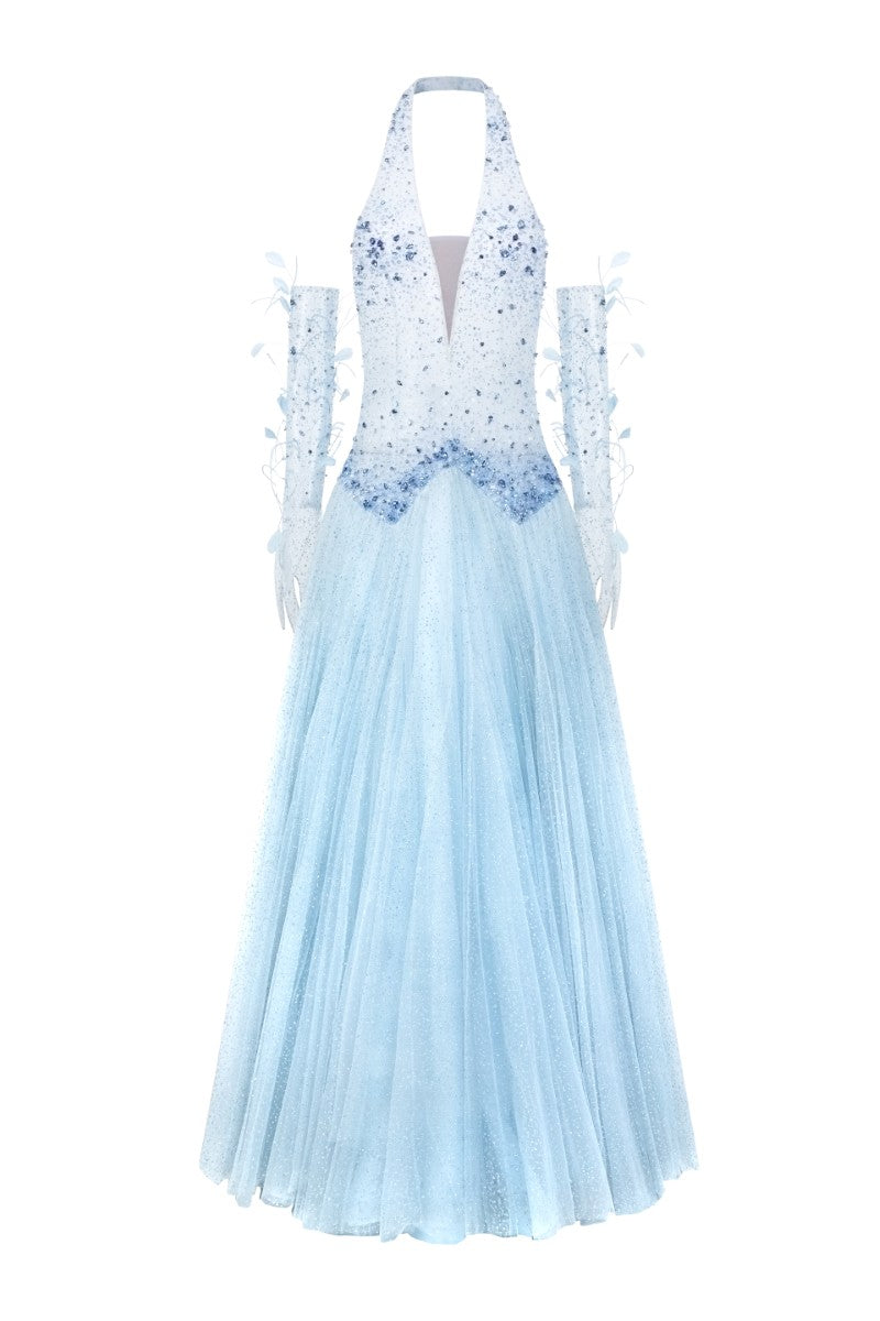 Light blue Muriel glitter tulle gown by 21Six with matching gloves, featuring a flowing design and shimmering fabric.