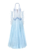 Light blue Muriel glitter tulle gown by 21Six featuring matching gloves, elegant and flowing for special occasions.