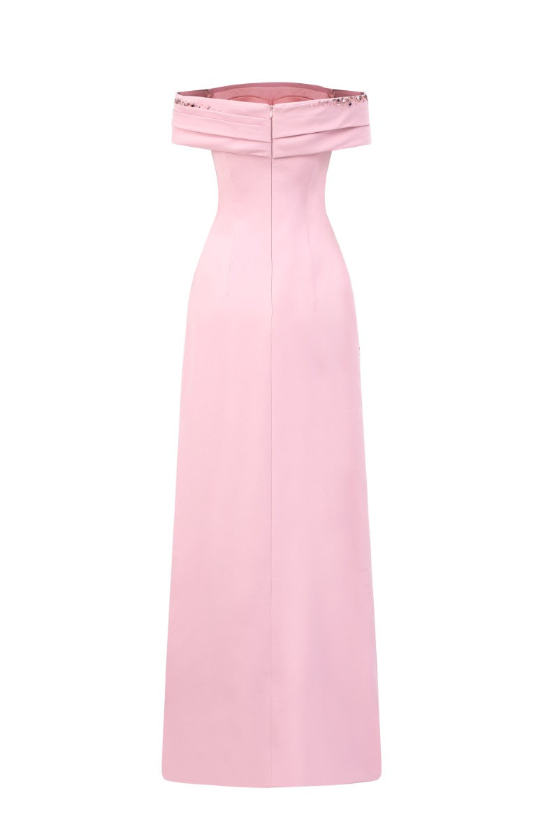 Nadine crepe dress by 21Six in light rose color, elegant gown with a flowing silhouette and subtle drape, suitable for formal occasions.