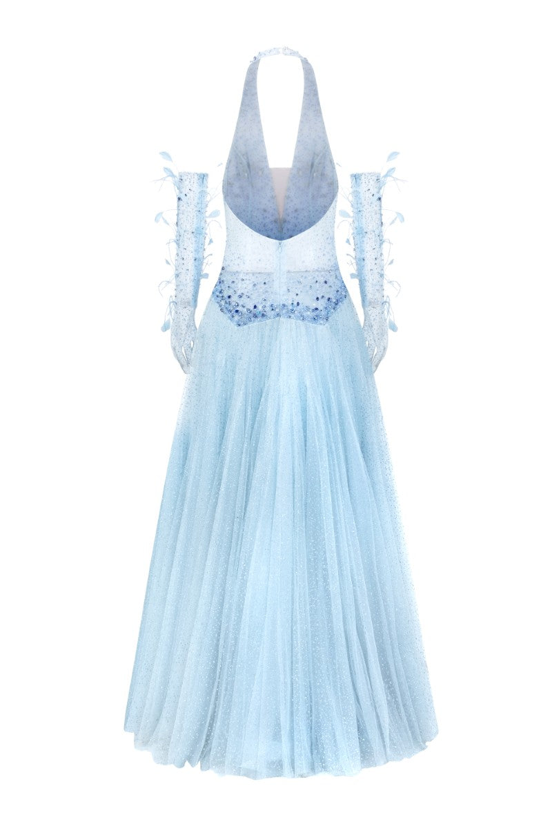 Light blue Muriel glitter tulle gown by 21Six with matching gloves, featuring a flowing skirt and elegant design.