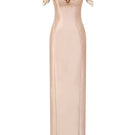 Beige Celeste Royal Taffeta gown by 21Six featuring a flowing design and elegant drape, perfect for formal occasions.
