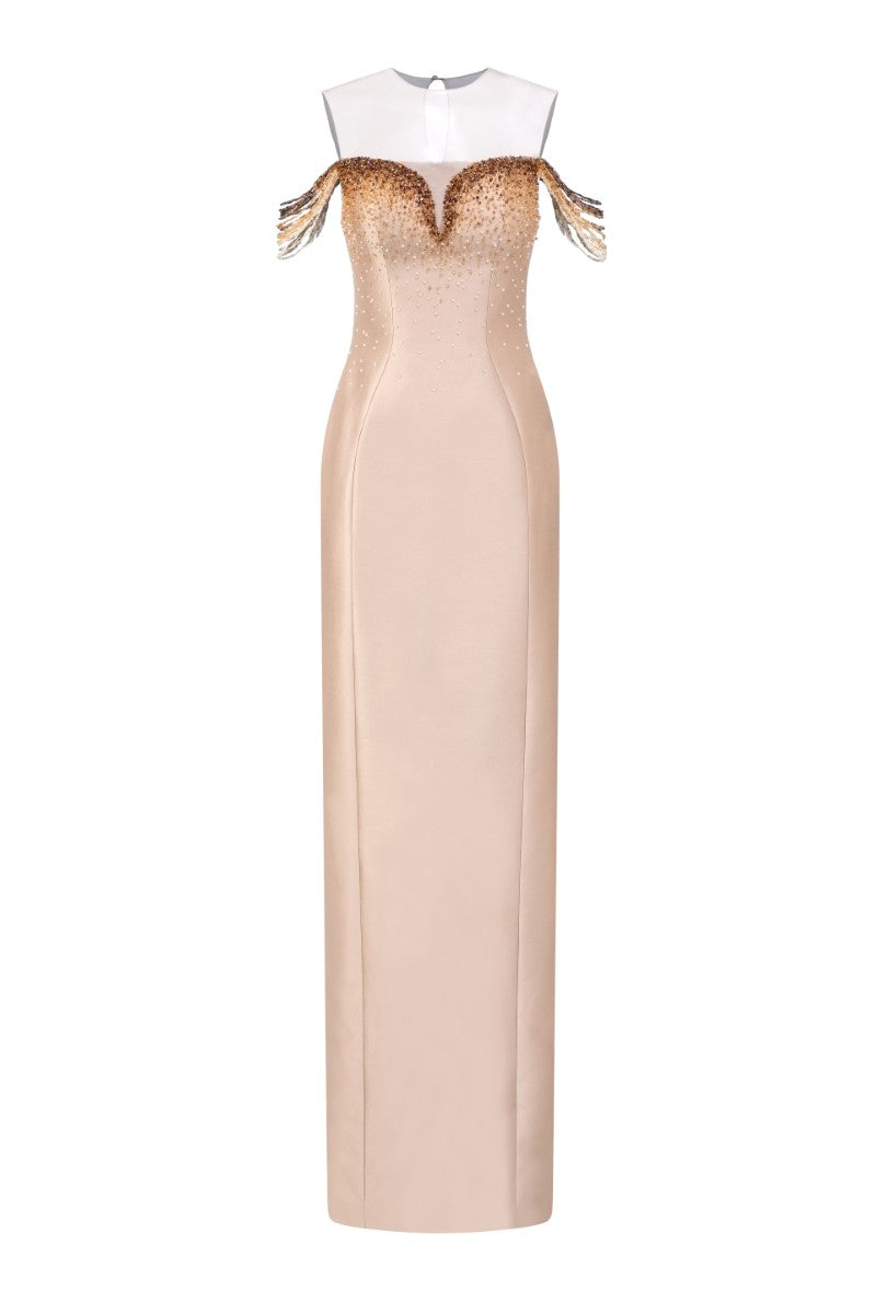 Beige CELESTE royal taffeta gown by 21Six, elegant floor-length dress with a flowing silhouette and intricate details.
