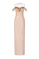 Beige Celeste Royal Taffeta gown by 21Six featuring a flowing design and elegant drape, perfect for formal occasions.