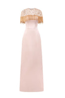 Beige Marcelline silk taffeta and tulle gown by 21Six, elegant formal dress with flowing layers and intricate fabric details.