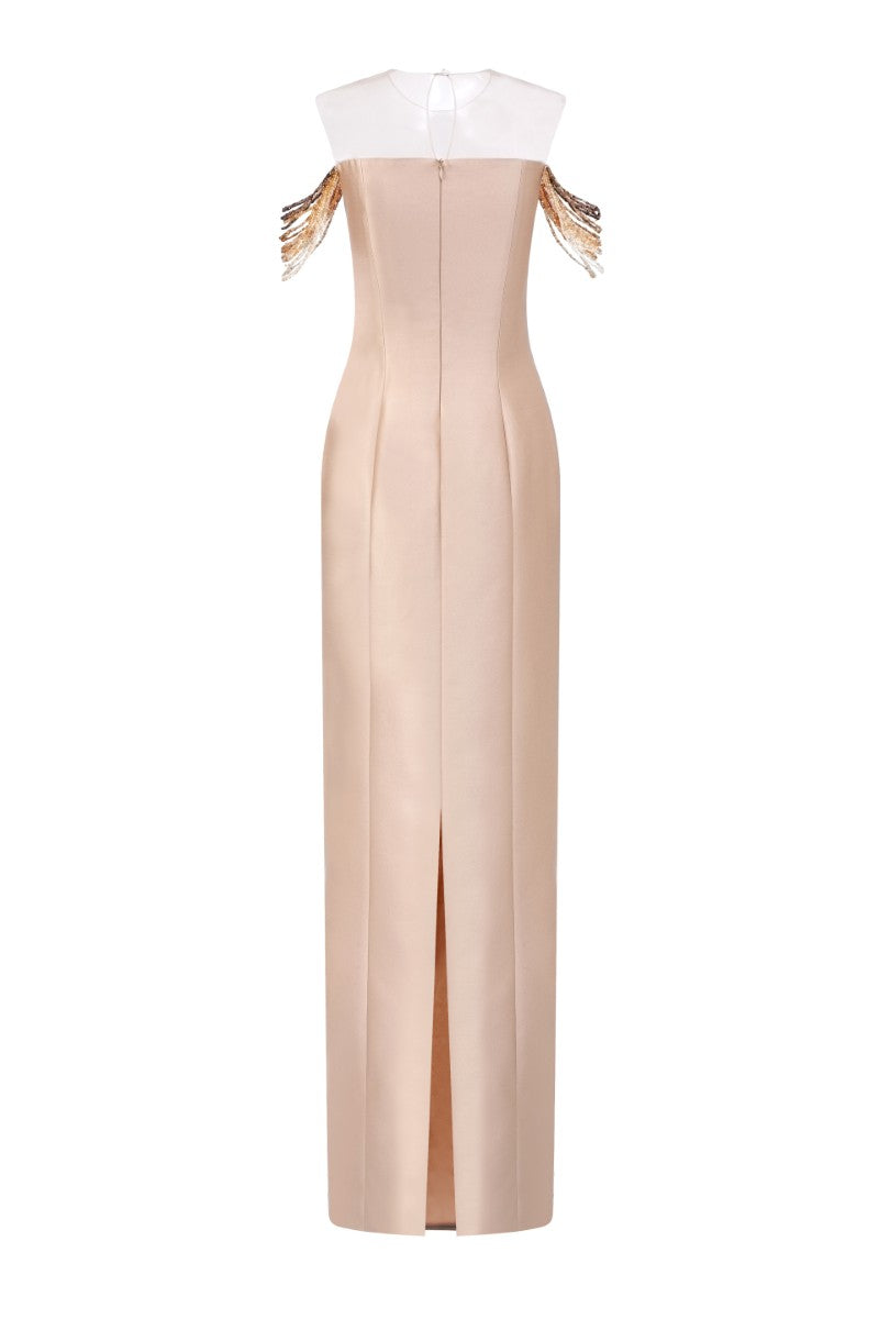 Beige Celeste royal taffeta gown by 21Six, elegant floor-length dress with a fitted bodice and flowing skirt.
