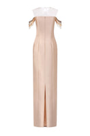 Beige Celeste royal taffeta gown by 21Six, elegant floor-length dress with a fitted bodice and flowing skirt.