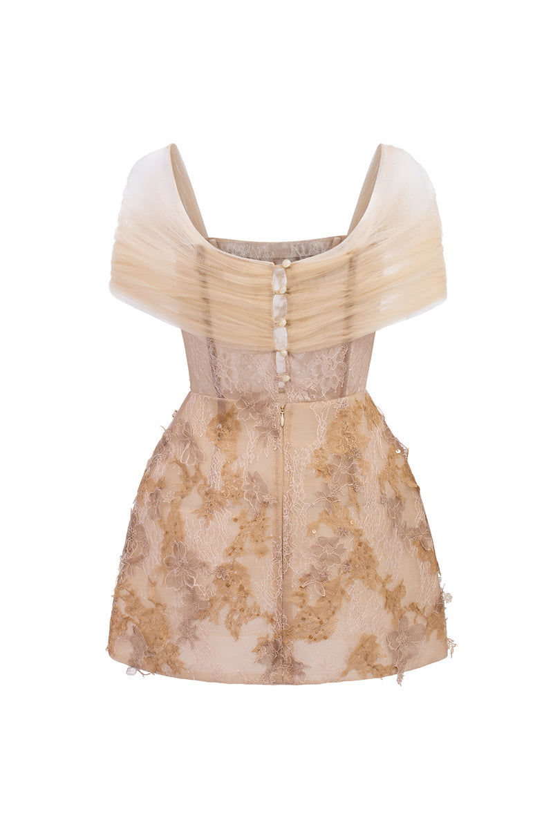 Beige Liliana lace mini dress by 21Six, featuring delicate lace fabric and a fitted silhouette.