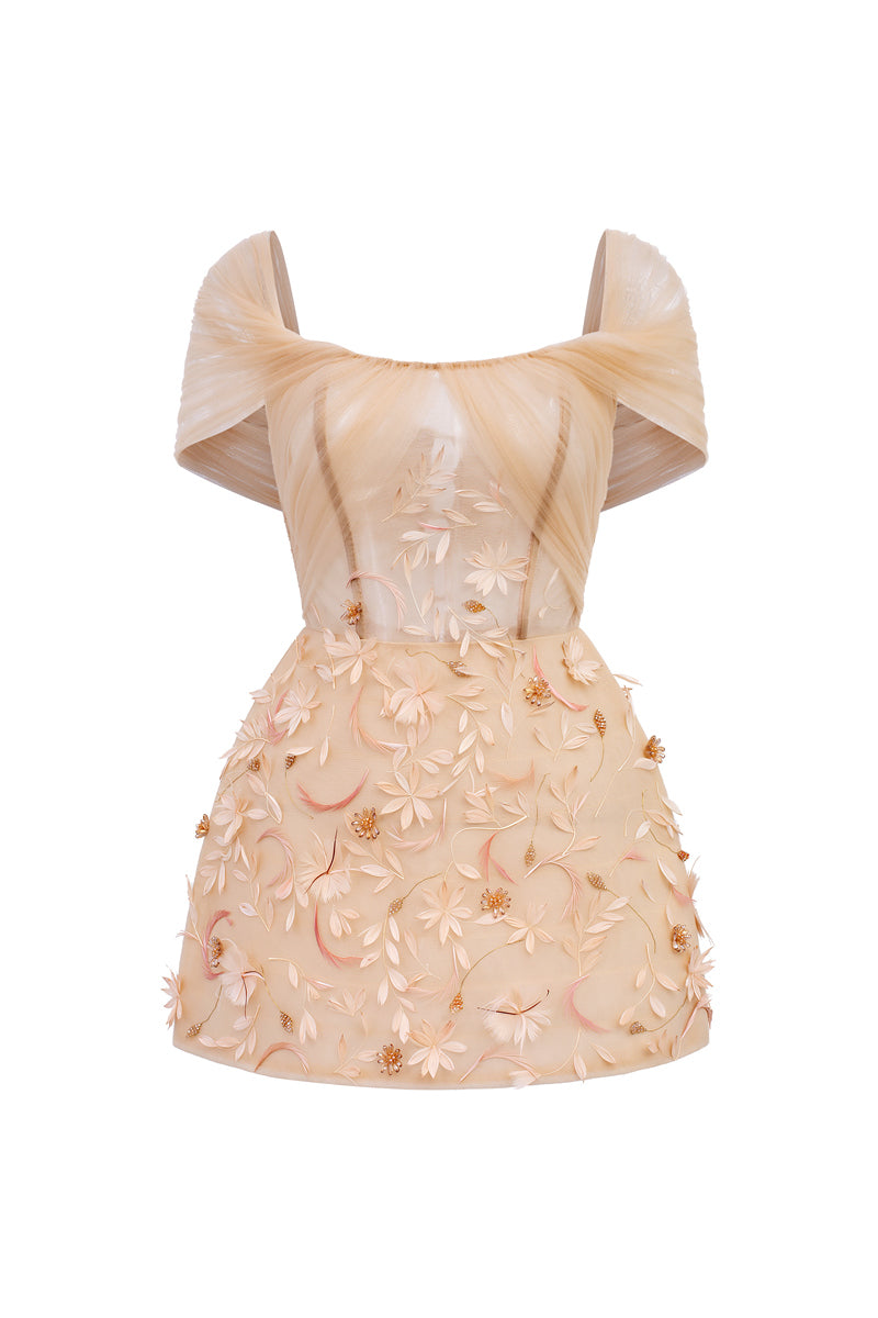 Beige Mirabelle tulle mini dress by 21Six featuring delicate tulle fabric and a stylish, feminine silhouette.