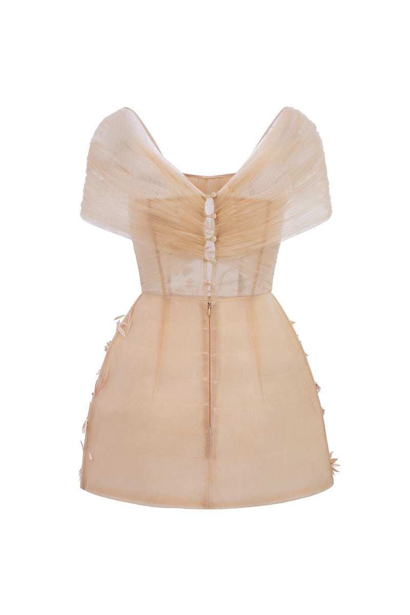 Beige MIRABELLE tulle mini dress by 21Six, featuring delicate tulle fabric and a stylish, feminine silhouette.